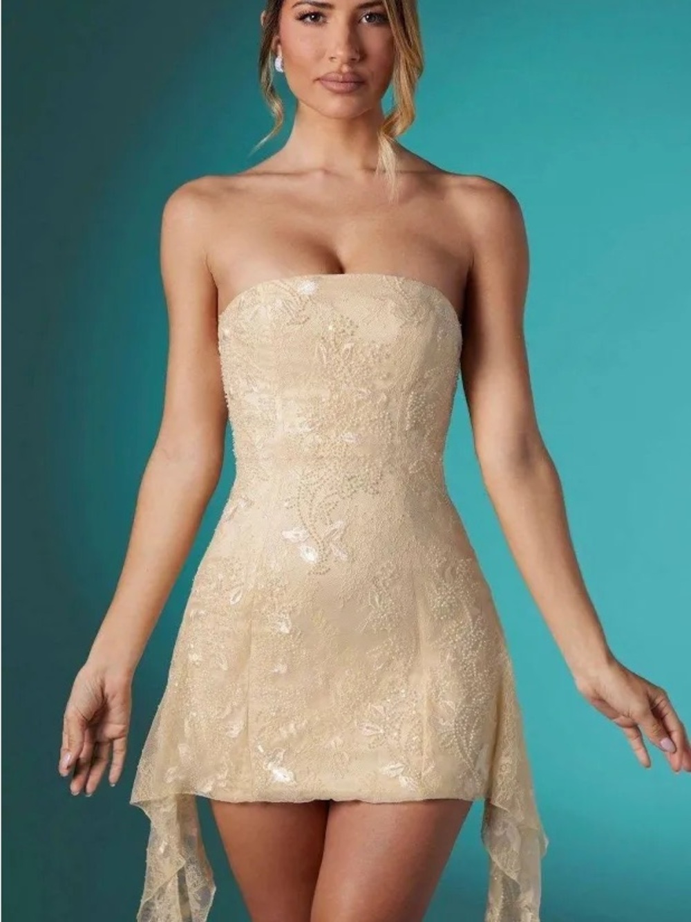 Oh Polly Sorcha Embellished Mini Dress in cream